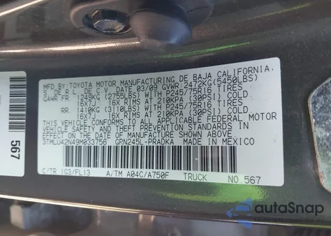 2009 Toyota Tacoma Base V6 from USA, damaged, VIN 3TMLU42N49M033756